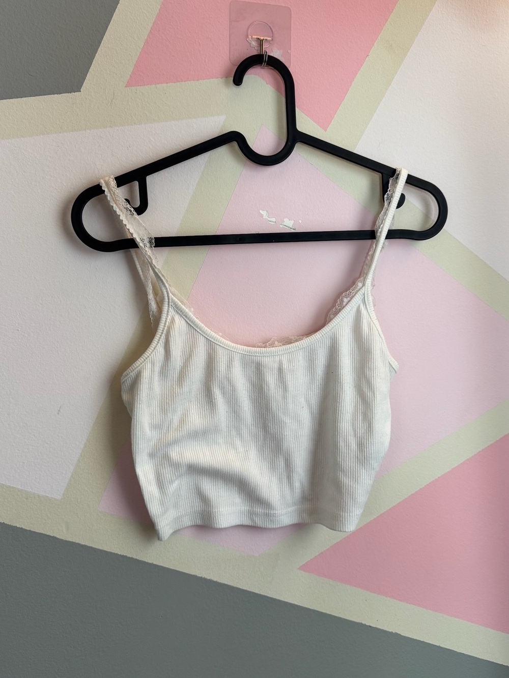 SHEIN Lace-Trim Ribbed Cropped Camisole - White